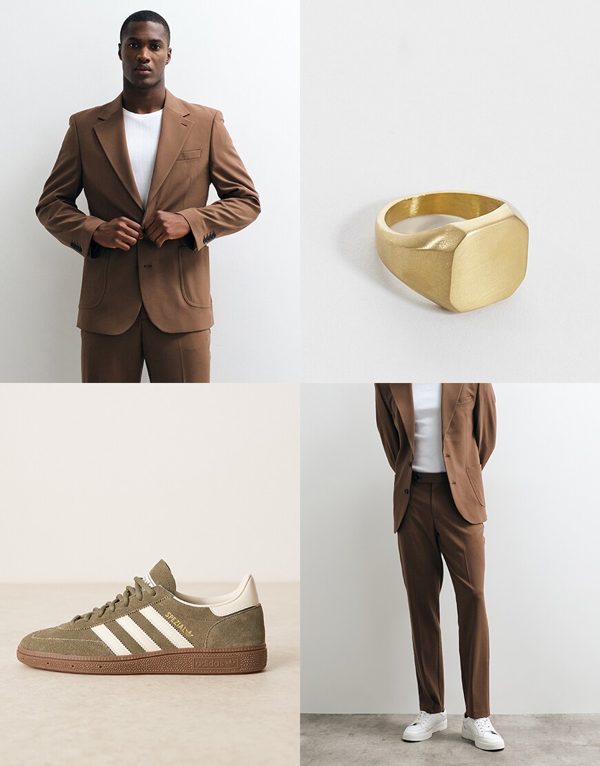 Model Wearing a Brown Suit, adidas Trainers and a Gold Ring