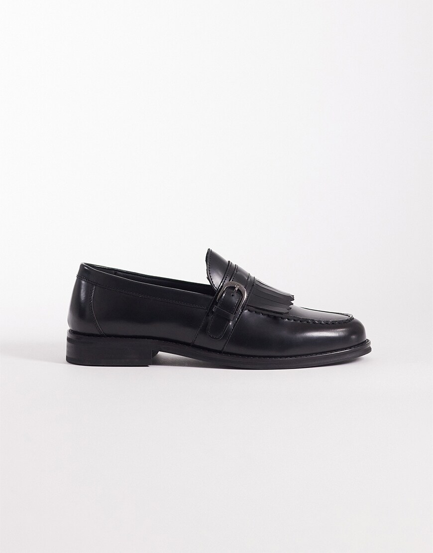 ASOS DESIGN loafers in black leather with fringe and buckle detail| ASOS Style Feed