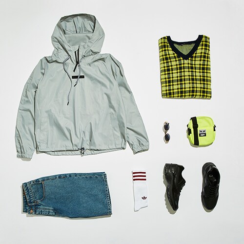 A knitted jumper, reflective half-zip top, black trainers, flight bag, sunglasses and skater shorts available at ASOS | ASOS Style Feed