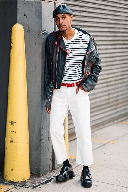 Stylish guys in transitional jackets featuring a street styler in a classic leather jacket with red piping | ASOS Style Feed
