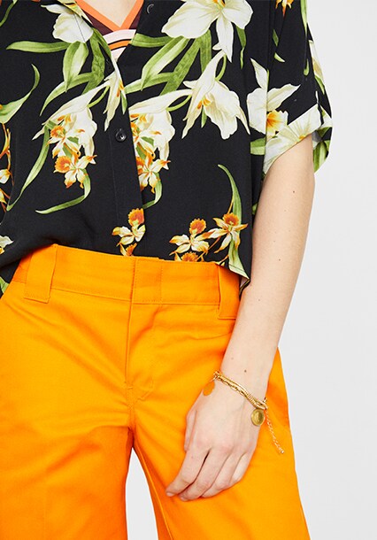 ASOS women's Hawaiian shirt with orange trousers