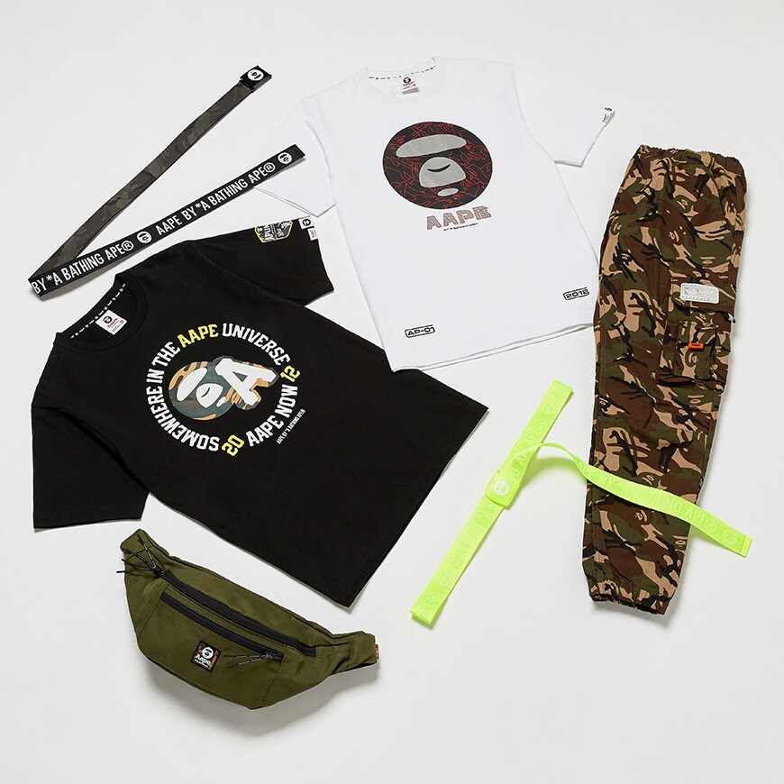 A flat lay image of an outfit made up of clothing from BAPE By A Bathing Ape.