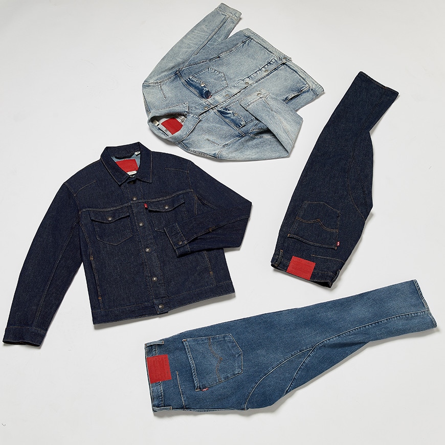 A flay lay of jeans and denim jackets from the Levi's Engineered collection. Available on ASOS.