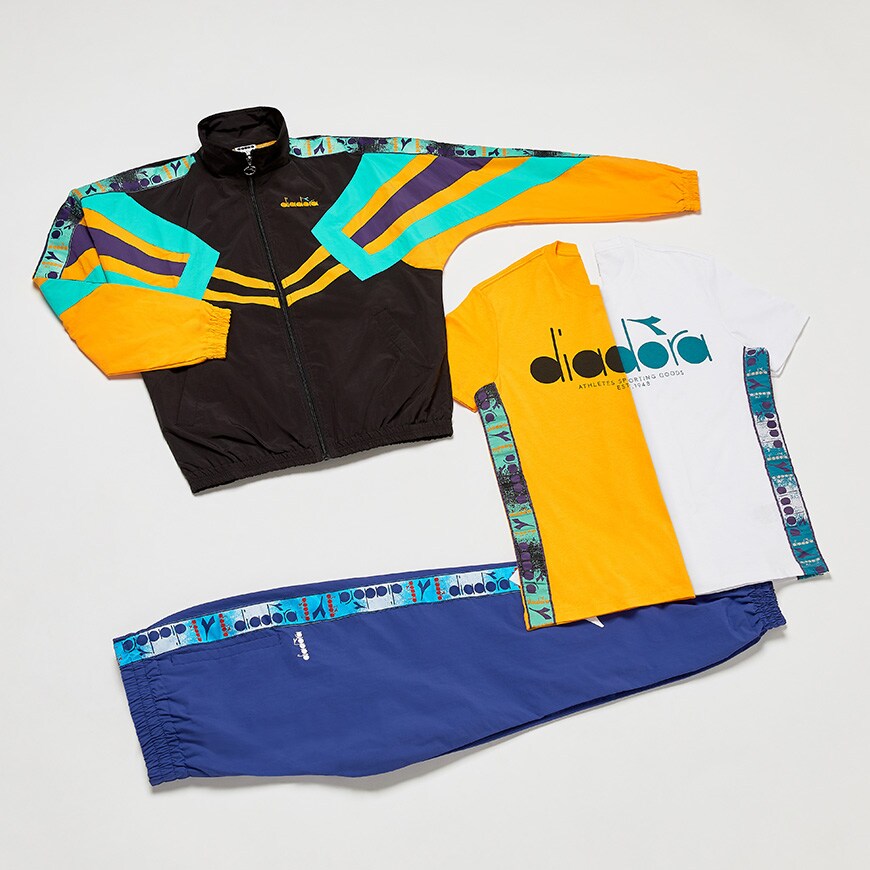 A flat lay of tracksuits and T-shirts from Diadora. Available at ASOS.