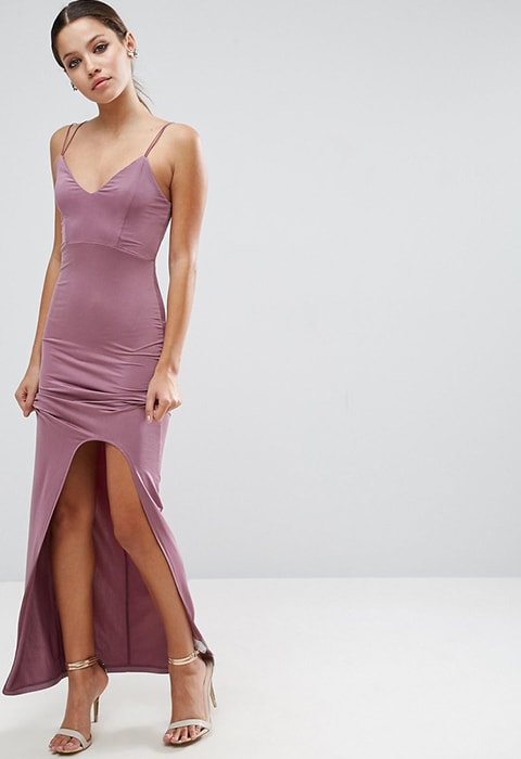 Model wearing pale purple ASOS cami maxi dress with curved split | ASOS Fashion & Beauty Feed