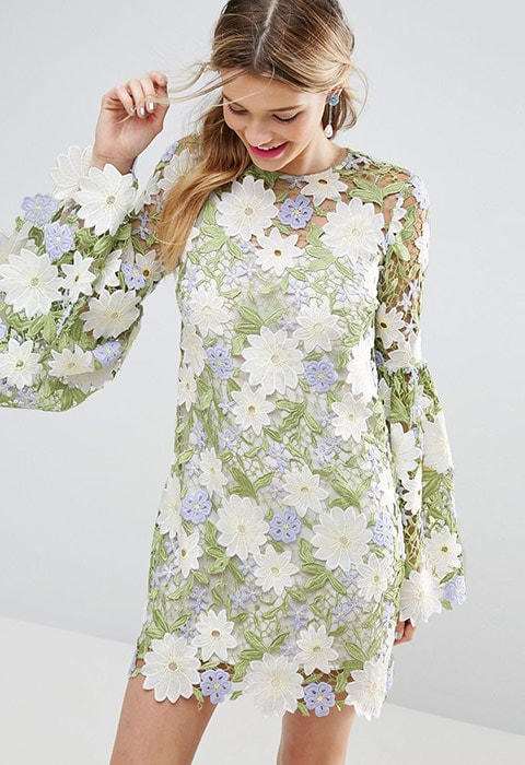 ASOS SALON embroidered green floral mini dress with long sleeves available at ASOS | ASOS Fashion & Beauty Feed