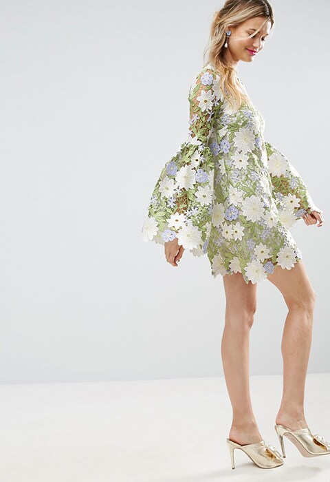 ASOS Salon Pastel Lace Trumpet Sleeve Mini Dress, £110