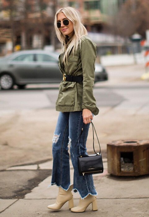 Street style blogger wearing a khaki utility coat | ASOS Fashion & Beauty Feed