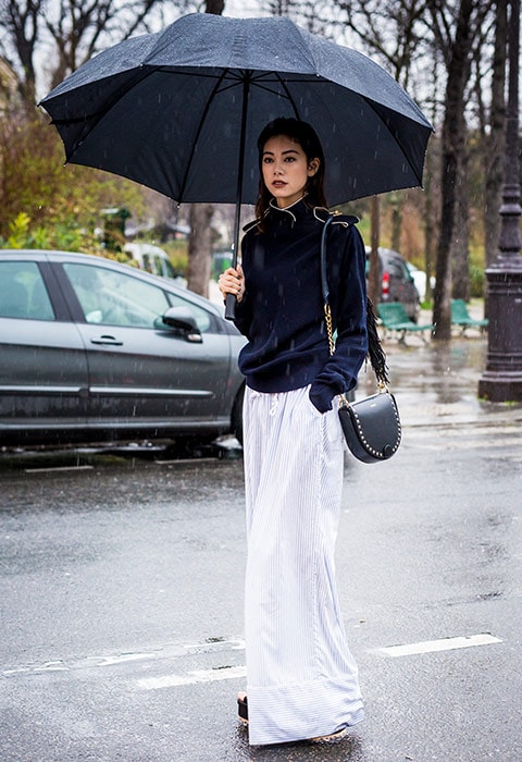 Blogger wearing white stripe wide-leg trousers with a black jumper Rihanna wearing black denim wide-leg trousers and jacket | ASOS Fashion & Beauty Feed