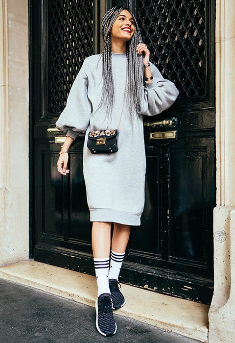 Blogger Syana from Paris wearing ASOS WHITE balloon-sleeved grey sweater dress | ASOS Fashion & Beauty Feed