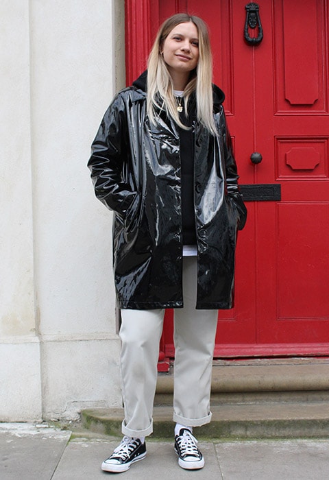 Stylist Jo Greasley wearing a PVC coat available at ASOS | ASOS Fashion & Beauty Feed