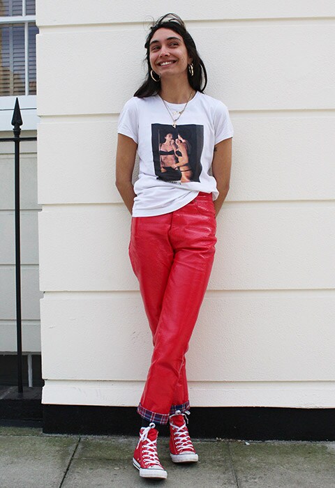 Multimedia fashion journalist Isabella Brunner wearing red PVC trousers available at ASOS | ASOS Fashion & Beauty Feed