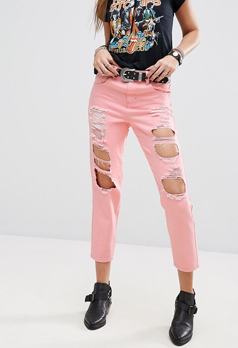 PrettyLittleThing pink distressed mom jeans available at ASOS | ASOS Fashion & Beauty Feed