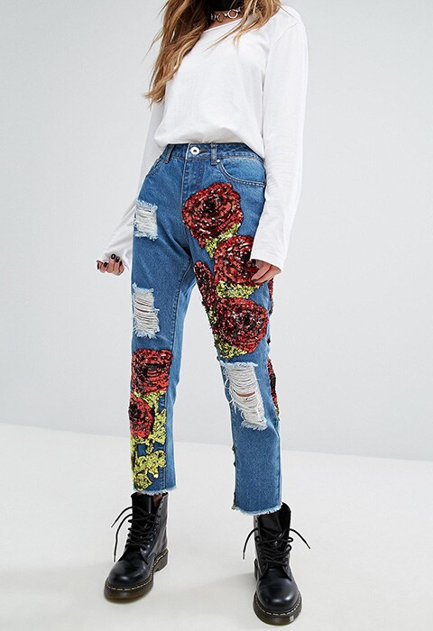 One Above Another shredded jeans with rose sequin patches  available at ASOS | ASOS Fashion & Beauty Feed