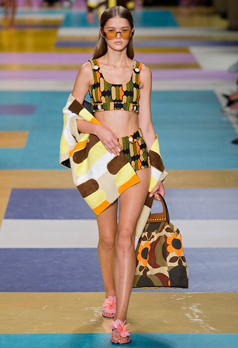 Miu Miu SS17 runway show, featuring amber tinted sunglasses worn with an earthy-toned bikini.