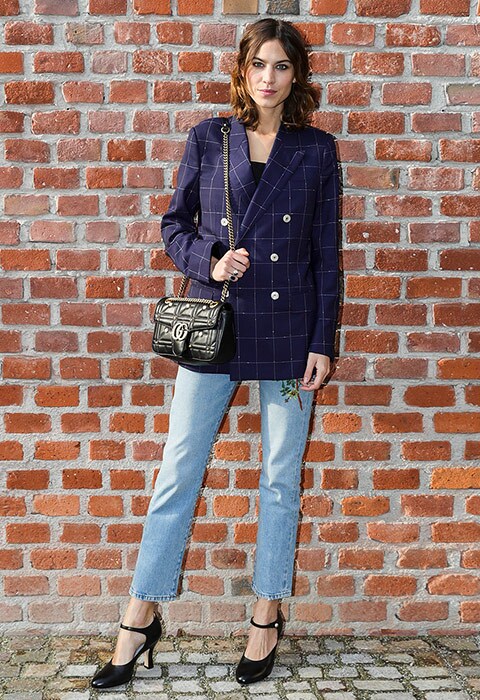 Alexa Chung wearing a check blazer with jeans and Mary Jane shoes | ASOS Fashion & Beauty Feed