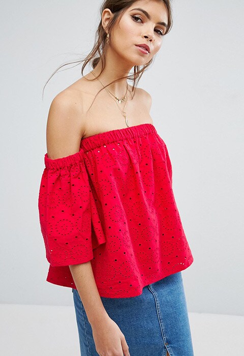 Model wearing ASOS Off Shoulder Top With Fluted Sleeves In Broderie | ASOS Fashion and Beauty Feed
