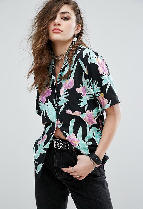 Model wearing black floral Motel Hawaiian-style shirt from ASOS | ASOS Fashion & Beauty Feed