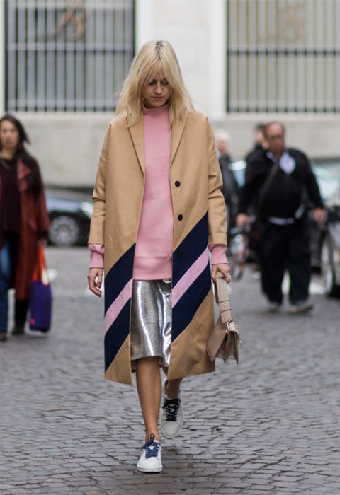 Silver midi skirt worn with a pink jumper | ASOS Fashion & Beauty Feed
