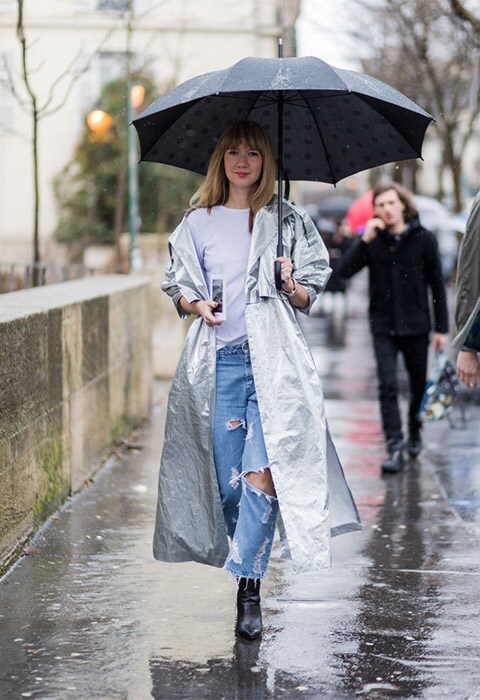 Street style silver trench coat