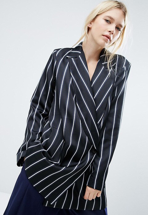 ASOS WHITE Pinstripe Blazer With Strap Fastening Detail