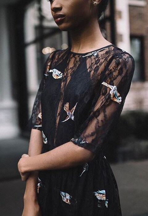 #AsSeenOnMe Instagram blogger wearing black dress with lace sheer inserts and bird motif | ASOS Fashion and Beauty Feed