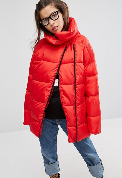 Model wearing H! By Henry Holland red padded jacket, available at ASOS | ASOS Fashion & Beauty Feed