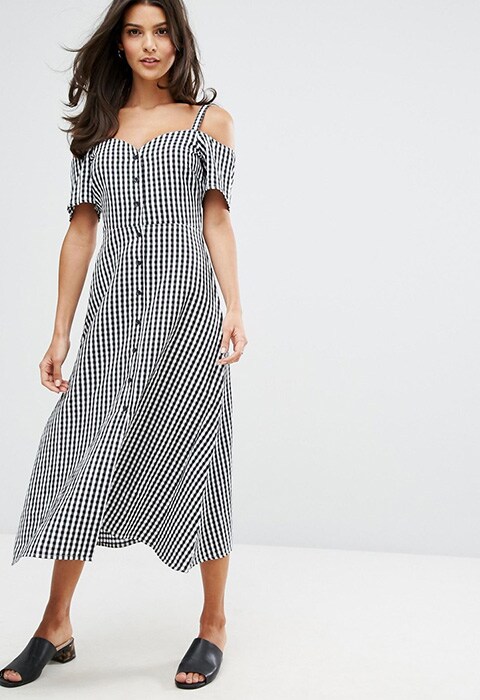 Model wearing Warehouse gingham dress, available at ASOS | ASOS Fashion & Beauty Feed