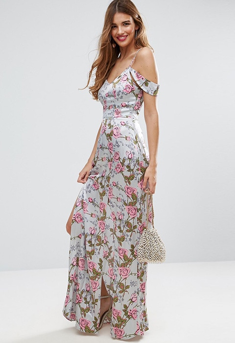 Model wearing ASOS Rose Floral Cold Shoulder Satin Maxi Dress | ASOS Fashion and Beauty Feed