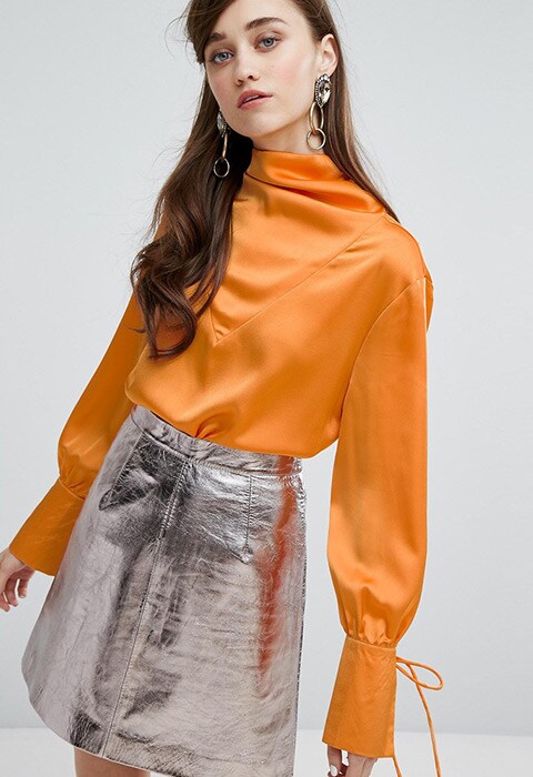 model wearing Sister Jane blouse in satin, available at ASOS
