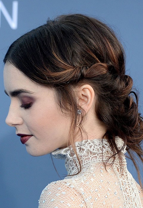 Lily Collins wearing messy low bun. 5 days in hair. ASOS Fashion & Beauty Feed.