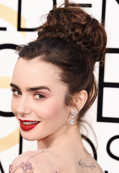 Lily Collins wearing bridal up-do. 5 days in hair. ASOS Fashion & Beauty Feed.