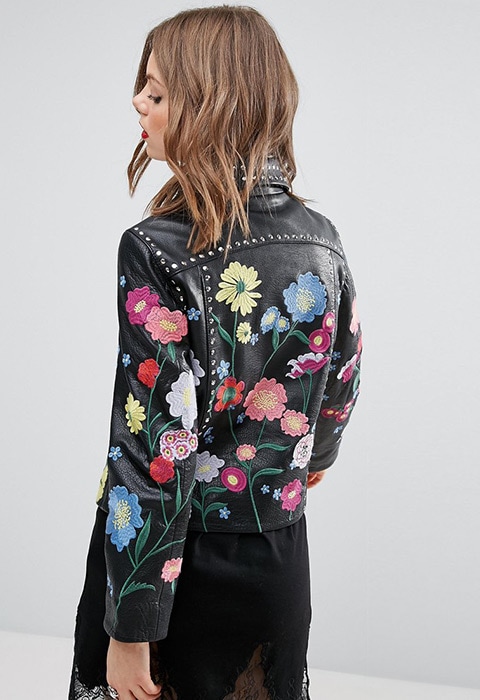 model wearing ASOS Floral Embroidered Leather Biker Jacket, available at ASOS