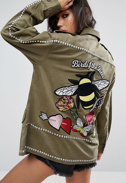 model wearing ASOS Shacket with Bee Embroidery and Embellishment, available at ASOS