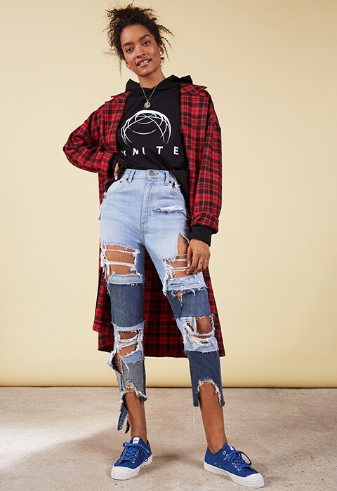 Recon-Decon ASOS jeans styled with a checked shirt, logo hoodie and trainers
