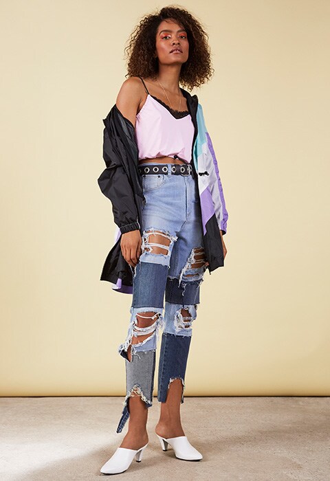 Recon-Decon ASOS jeans styled with a cami top, windbreaker jacket and white mules