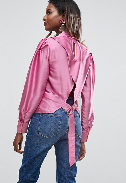 ASOS High Neck 80s Blouse With Open Back and D Ring Detail, available at ASOS | ASOS Fashion and Beauty Feed