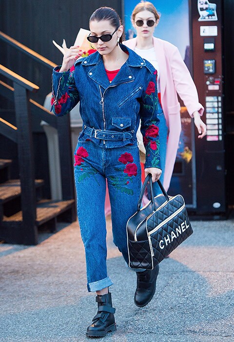 Model Bella hadid wearing embroidered denim jacket and jeans out in New York City | ASOS Fashion and Beauty Feed