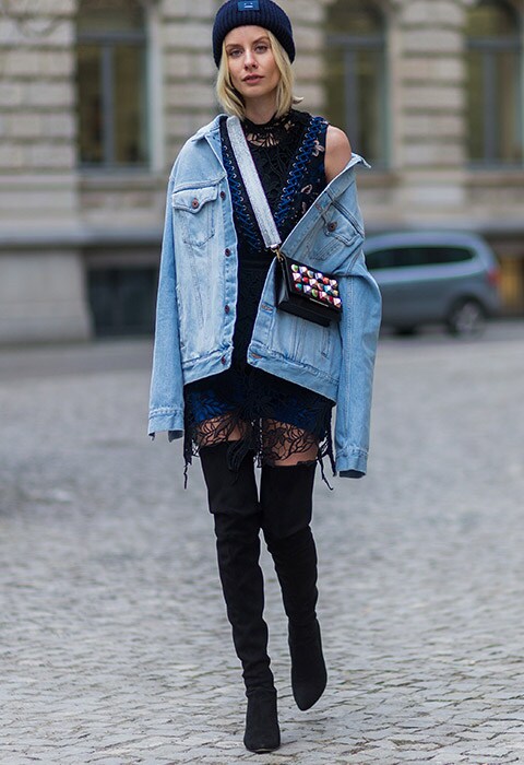 Lisa Hahnbück wearing a Fendi cross-body bag with a denim jacket and lace dress | ASOS Fashion & Beauty Feed