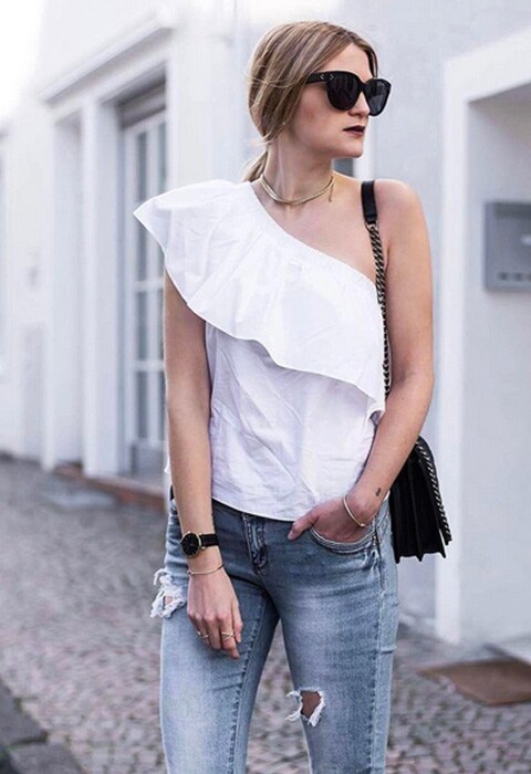 #AsSeenOnMe blogger wearing a white ruffled asymmetric top | ASOS Fashion & Beauty Feed