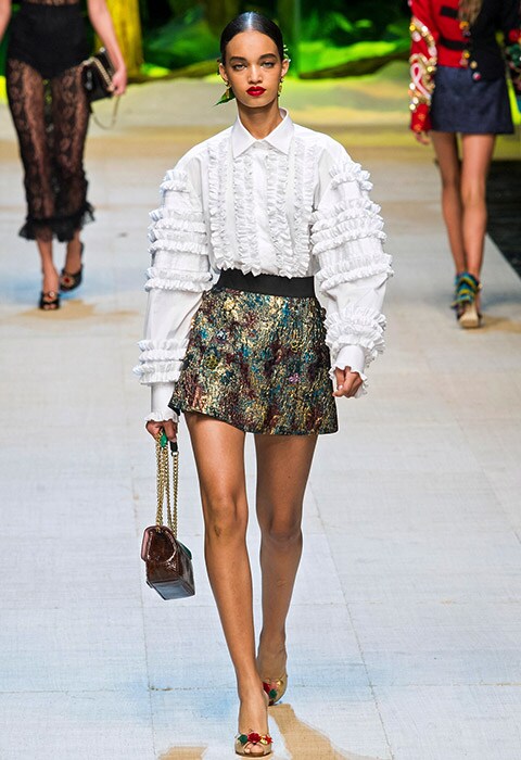 Dolce & Gabbana model wearing a sequin skirt | ASOS Fashion & Beauty Feed