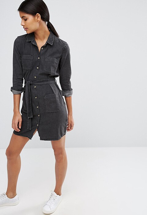 Model wearing ASOS denim belted shirt dress in washed black, now available in the ASOS sale | ASOS Fashion & Beauty Feed