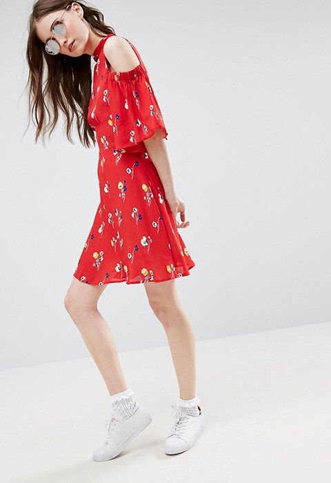 Model wearing red floral ASOS cold-shoulder mini dress, now in the ASOS sale | ASOS Fashion & Beauty Feed