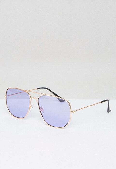 Model wearing square aviator glasses with lilac lens, available at ASOS | ASOS Fashion & Beauty Feed