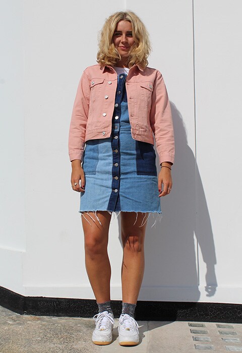 Anna Heaton wearing a pink denim jacket, available at ASOS | ASOS Fashion & Beauty Feed