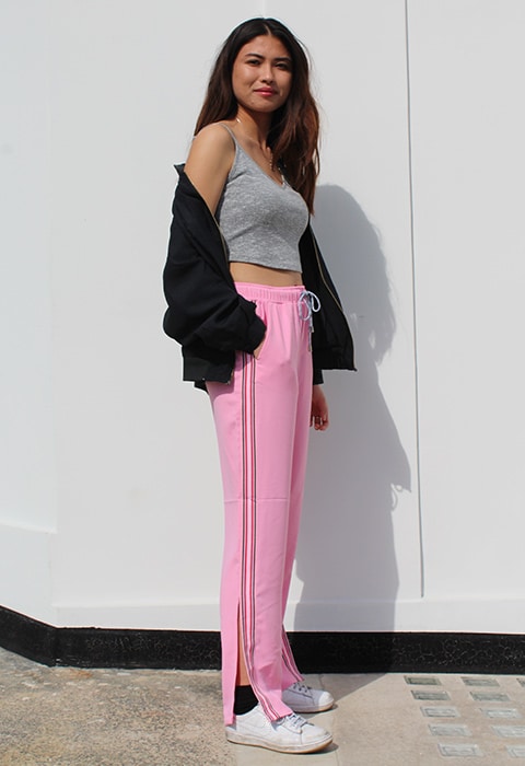 Maybelle Morgan wearing pink tracksuit bottoms from ASOS | ASOS Fashion & Beauty Feed