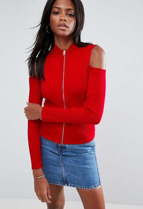 ASOS Cardigan With Zip Front And Cold Shoulder, available at ASOS