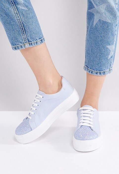 ASOS Dazzle lace-up trainers in blue glitter, available at ASOS | ASOS Fashion & Beauty Feed