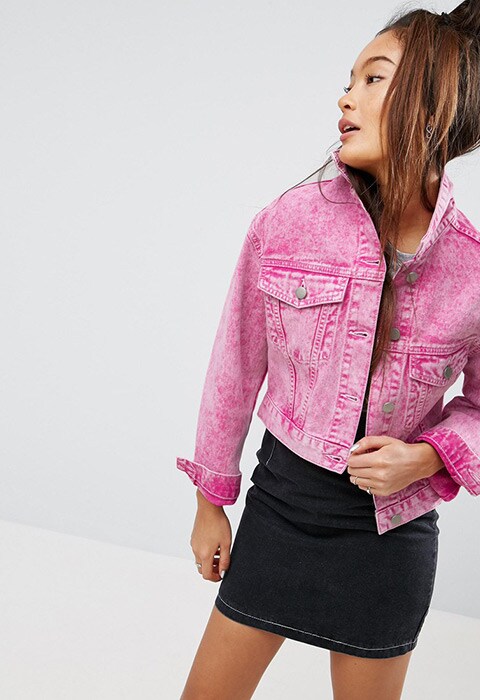 model wearing ASOS Denim Jacket in Washed Pink, available on ASOS
