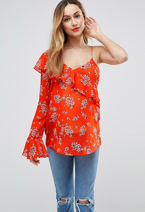 ASOS Maternity One Shoulder Ruffle Blouse in Bright Floral, available at ASOS | ASOS Fashion and Beauty Feed